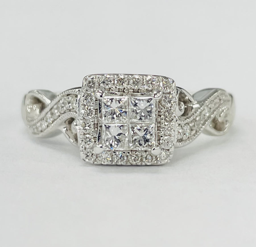 White Gold Vintage Inspired Quad Halo Twist Diamond Engagement Ring