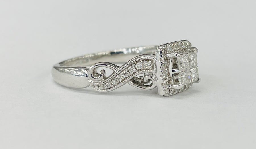 White Gold Vintage Inspired Quad Halo Twist Diamond Engagement Ring