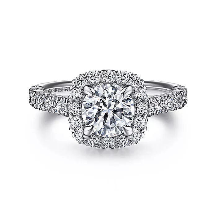 Parker - 14K White Gold Cushion Halo Round Diamond Engagement Ring