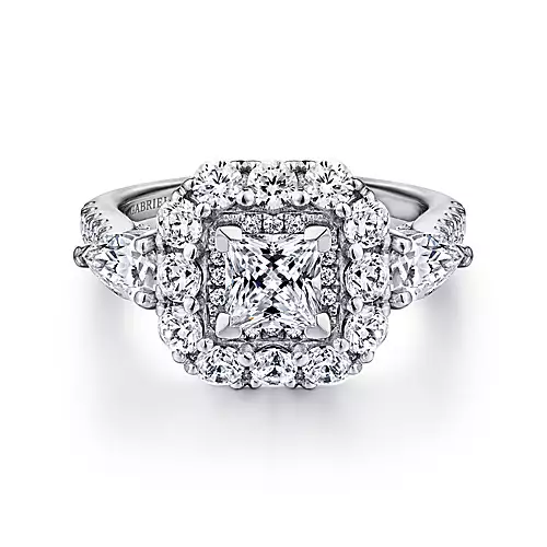 Antonella - 14K White Gold Princess Three Stone Halo Diamond Engagement Ring