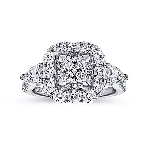 Antonella - 14K White Gold Princess Three Stone Halo Diamond Engagement Ring