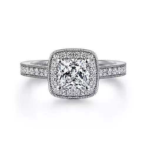 Harper - Vintage Inspired 14K White Gold Cushion Halo Diamond Engagement Ring