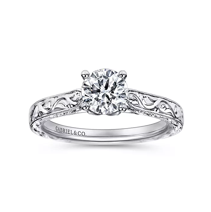 Dede - Vintage Inspired 14K White Gold Round Diamond Engagement Ring