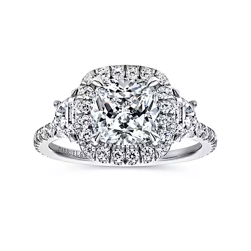 Mia - 14K White Gold Cushion Three Stone Halo Diamond Engagement Ring