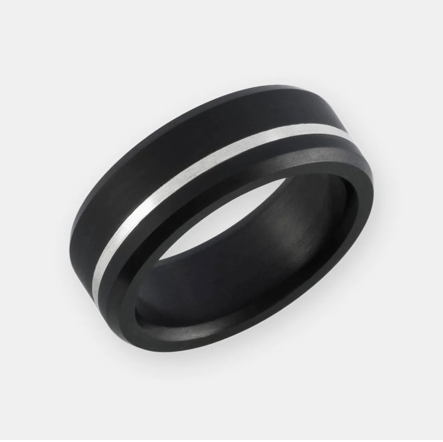 ELYSIUM ARES - SOLID BLACK DIAMOND RING - OFFSET INLAY SILVER