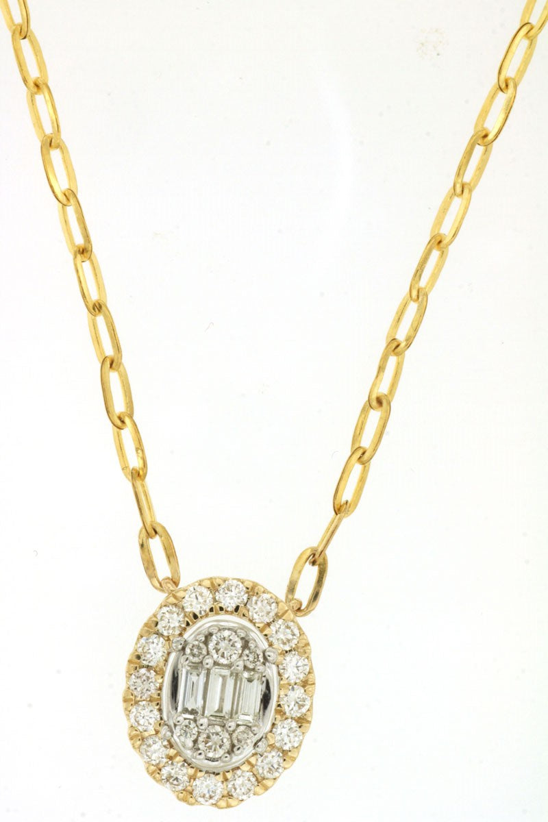 Yellow Gold Baghuette And Round Diamond Link Necklace