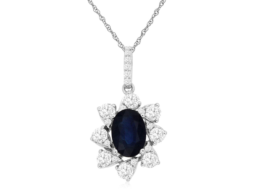 White Gold Sapphire And Diamond Halo Necklace