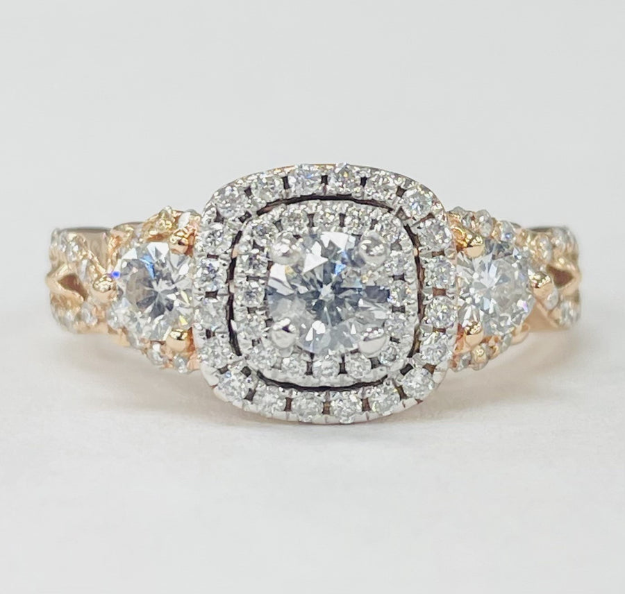 Rose Gold Three Stone Double Halo Diamond Engagement Ring