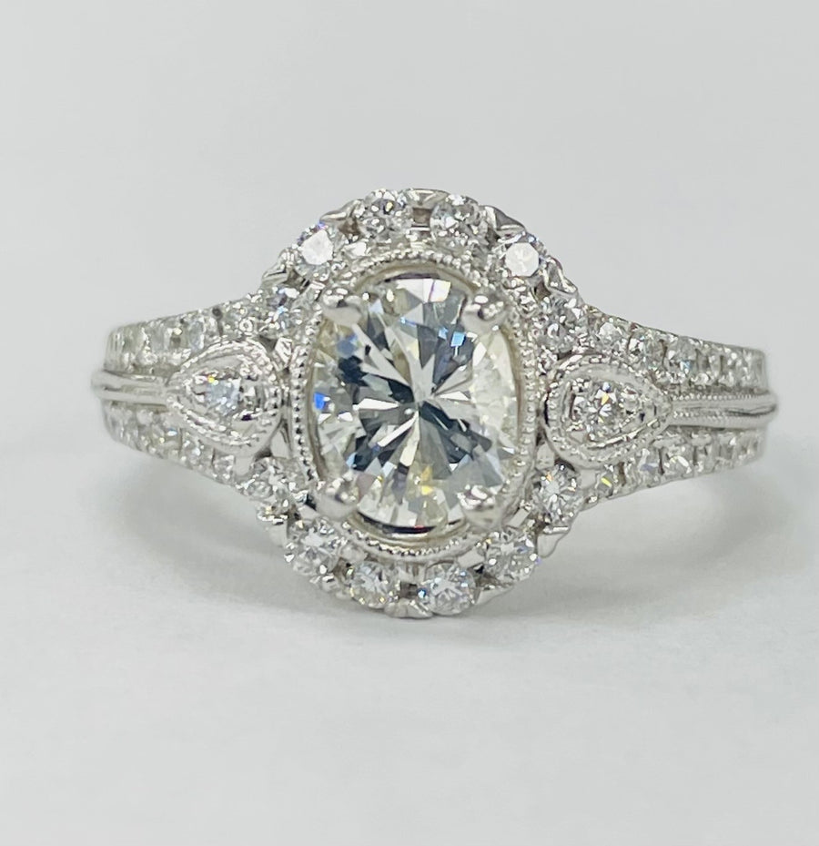 Vintage Inspired Oval Diamond Halo Engagement Ring