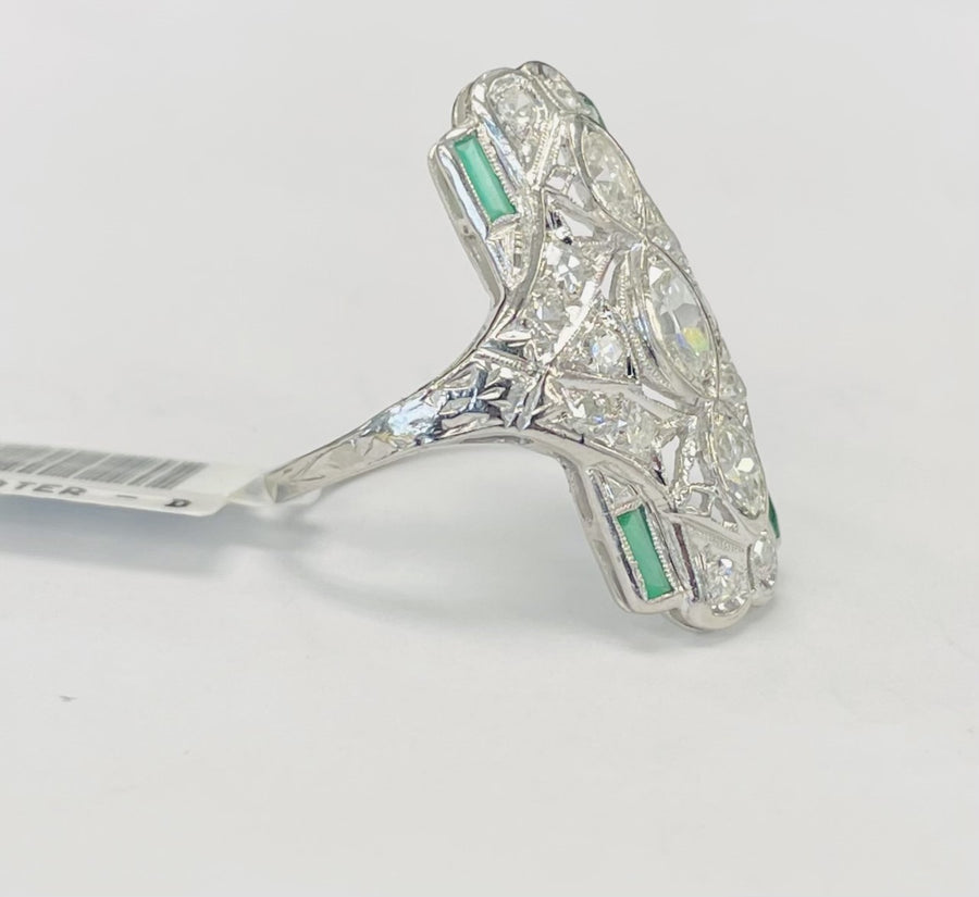 Art Deco Vintage Marquise Diamond And Emerald Ring