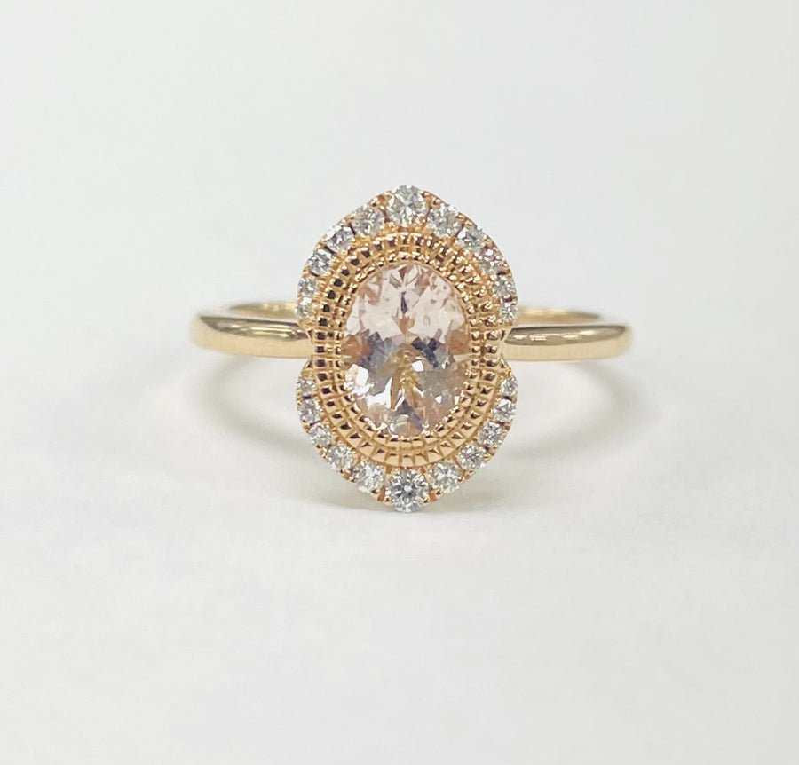 Modern Rose Gold Morganite Halo Diamond Ring