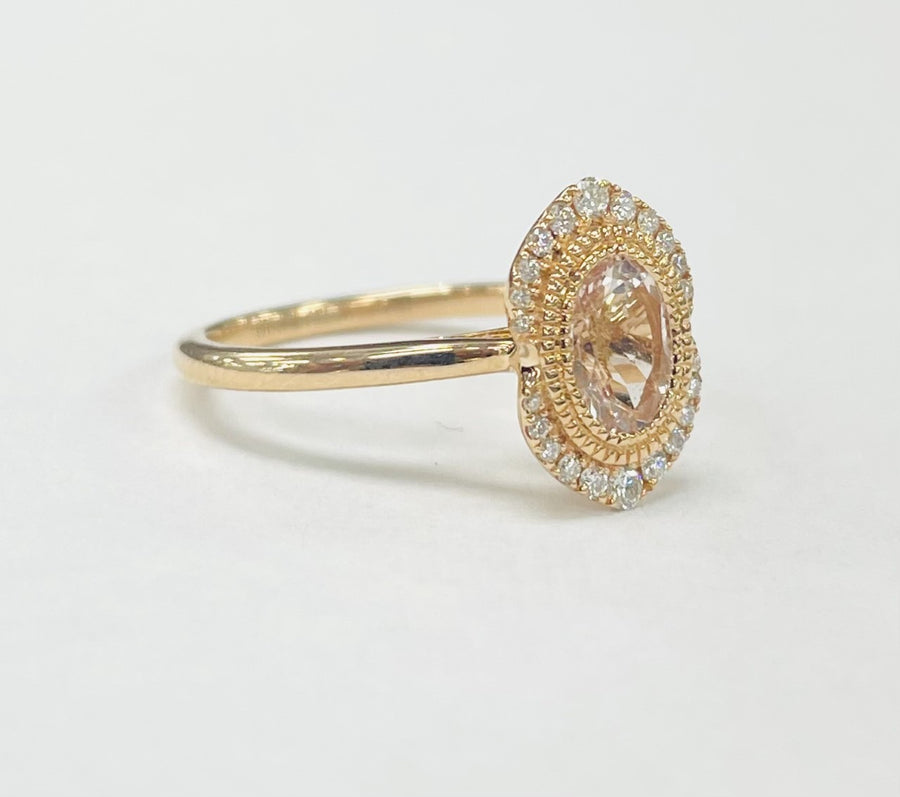 Modern Rose Gold Morganite Halo Diamond Ring