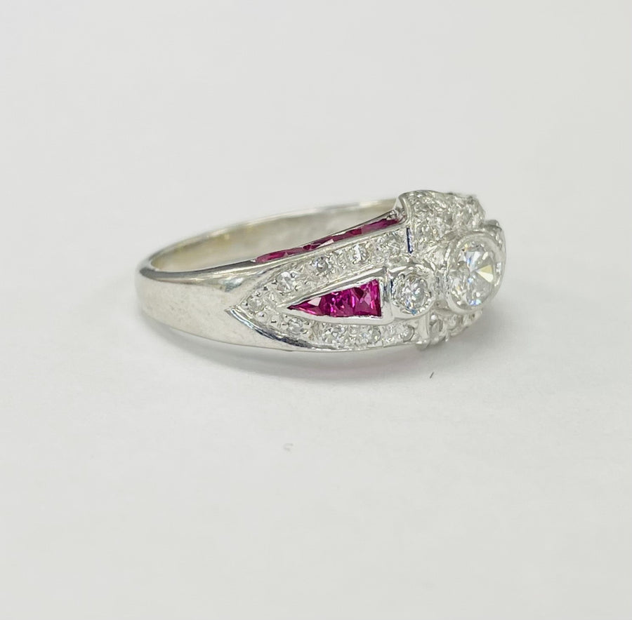 White Gold Custom Cut Rubies And Diamond Estate Ring