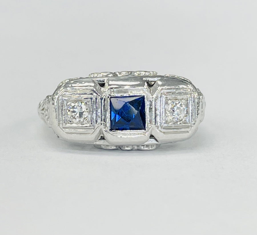 Vintage Detailed White Gold Three Stone Diamond An Lab Sapphire Ring