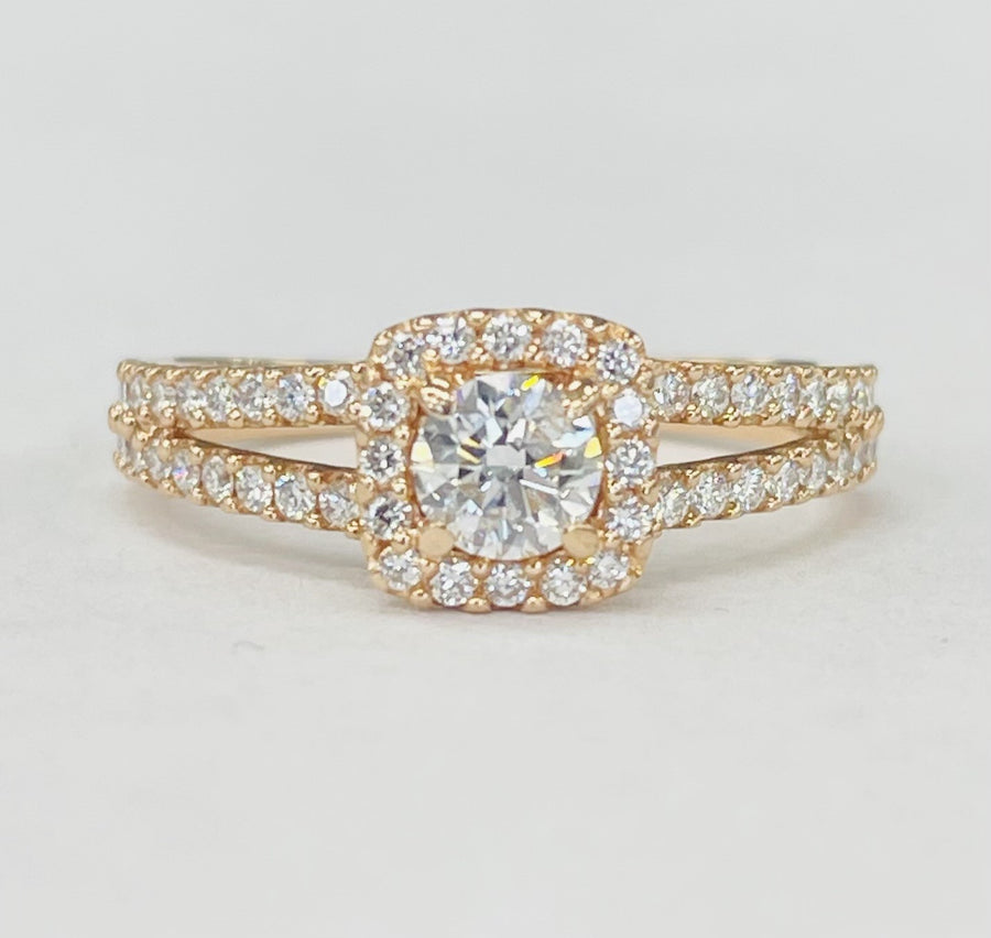 Rose Gold Halo Split Shank Diamond Ring