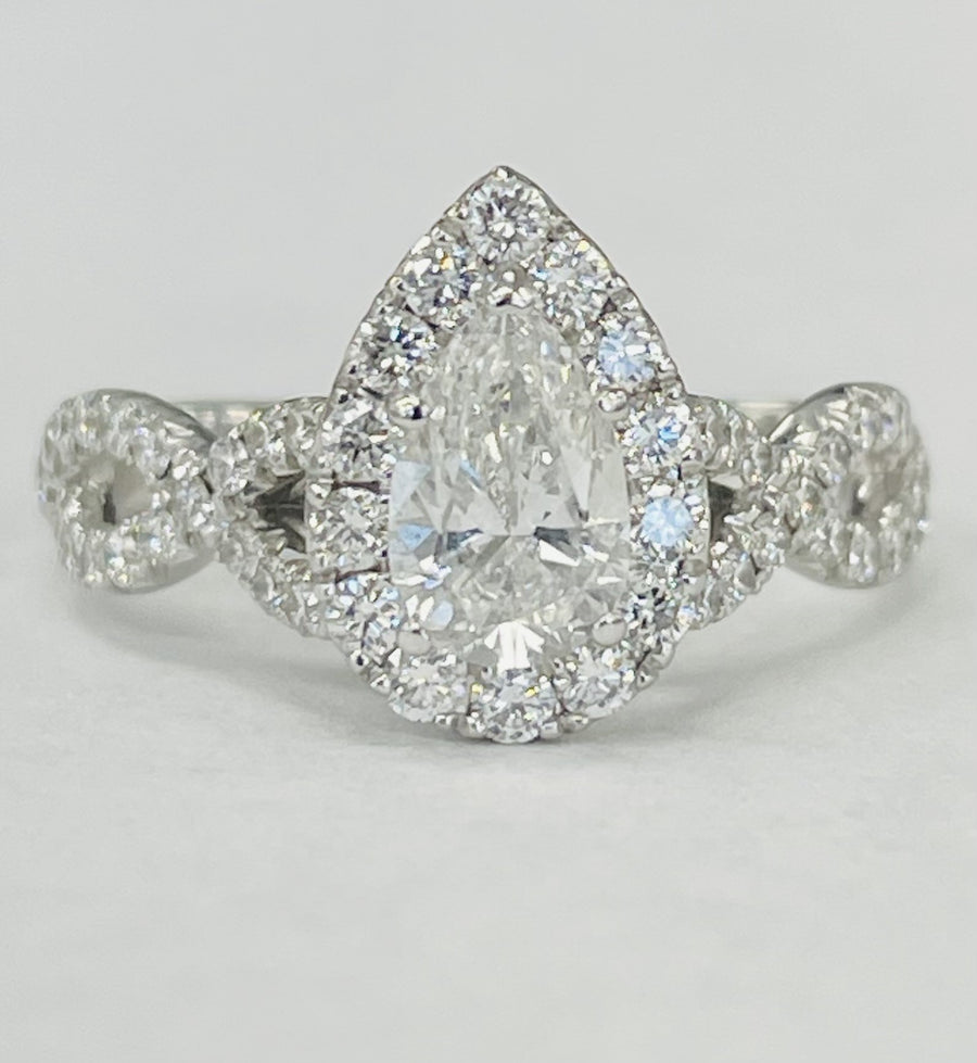 White Gold GIA Pear Halo Twist Diamond Ring