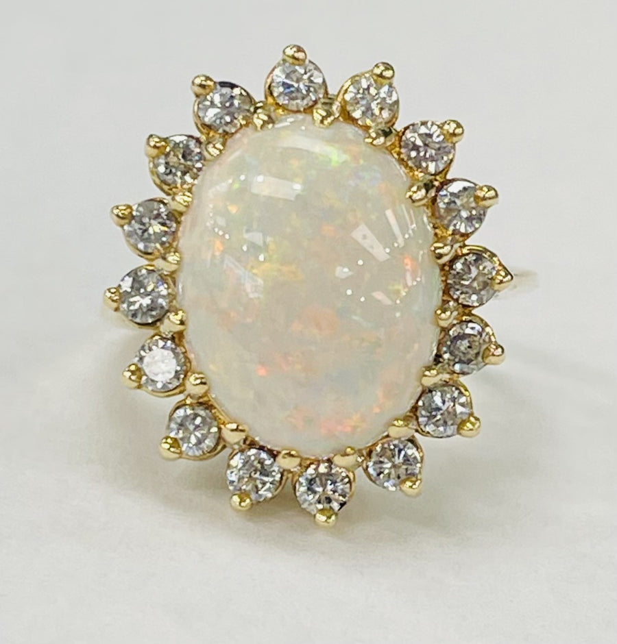 Yellow Gold Large Opal Halo Diamond Ring
