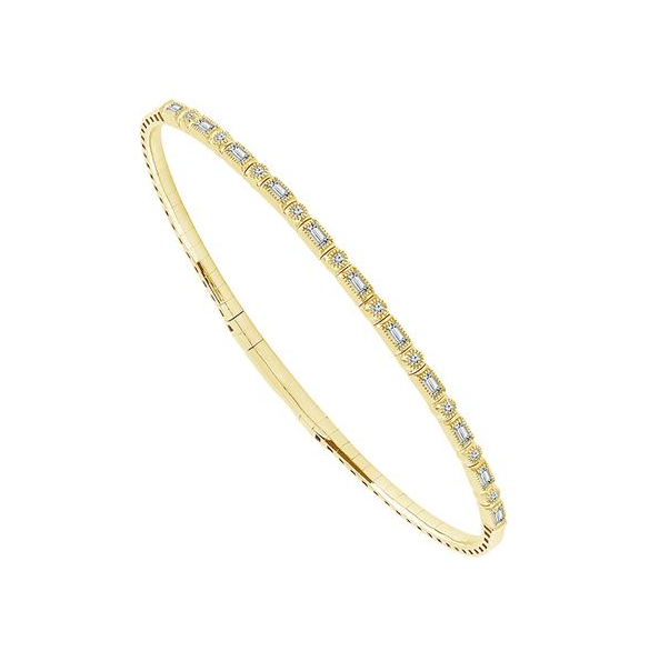 Yellow Gold Baghuette And Round Diamond Flexi-Bangle