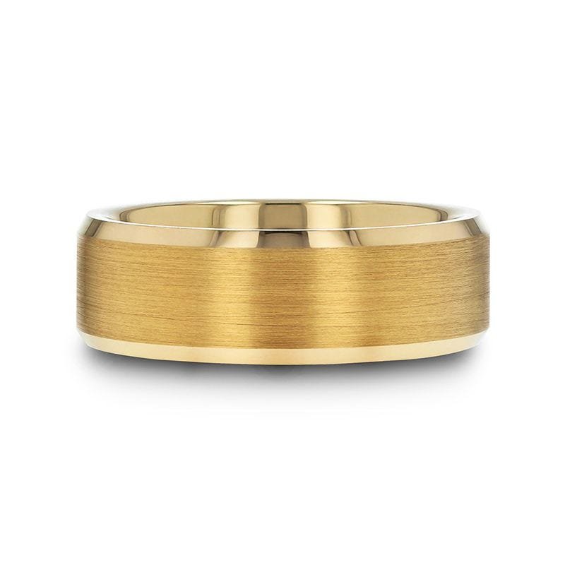Thorsten Rings HONOR Gold-Plated Tungsten Beveled Polished Edges Flat Ring with Brushed Center - 6mm & 8mm