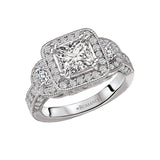 Romance - Vintage Inspired Three Stone Halo Pave Diamond Setting