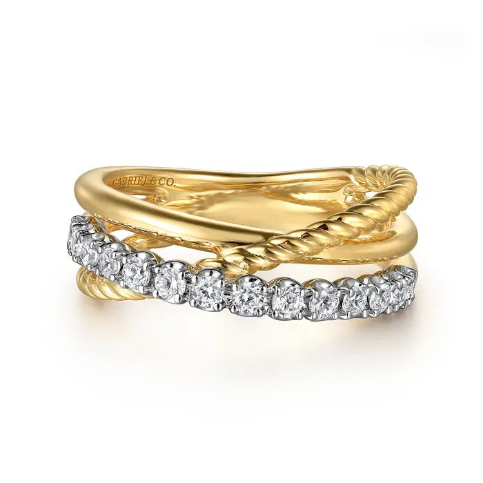 Gabriel & Co. LR52625M45JJ – 14K White & Yellow Gold Diamond Criss-Cross Rope Ring (0.35 ct)