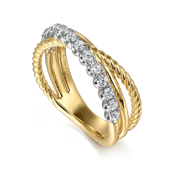 Gabriel & Co. LR52625M45JJ – 14K White & Yellow Gold Diamond Criss-Cross Rope Ring (0.35 ct)
