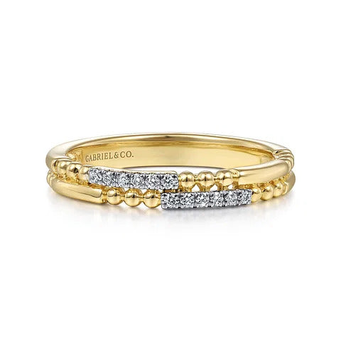 Yellow Gold Two Row Beaded Diamond Stackable Ring