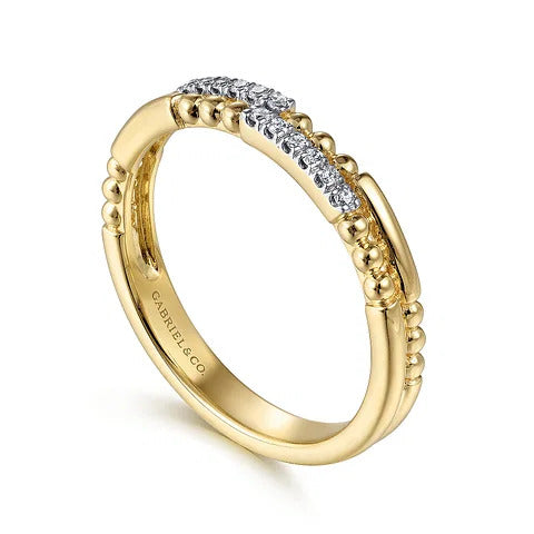 Yellow Gold Two Row Beaded Diamond Stackable Ring