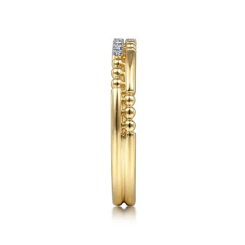 Yellow Gold Two Row Beaded Diamond Stackable Ring