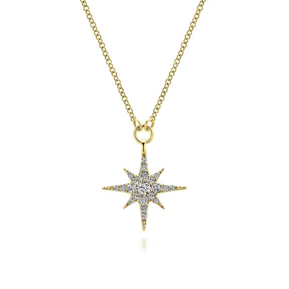 Women's Diamond Necklace 14K Yellow Gold Diamond Starburst Pendant NK4847Y45JJ