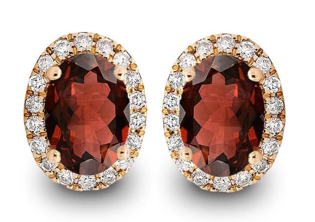 14K Rose Gold Red Garnet Diamond Halo Earring