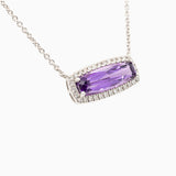 Natural Amethyst & Diamond Halo Necklace, 14K White Gold