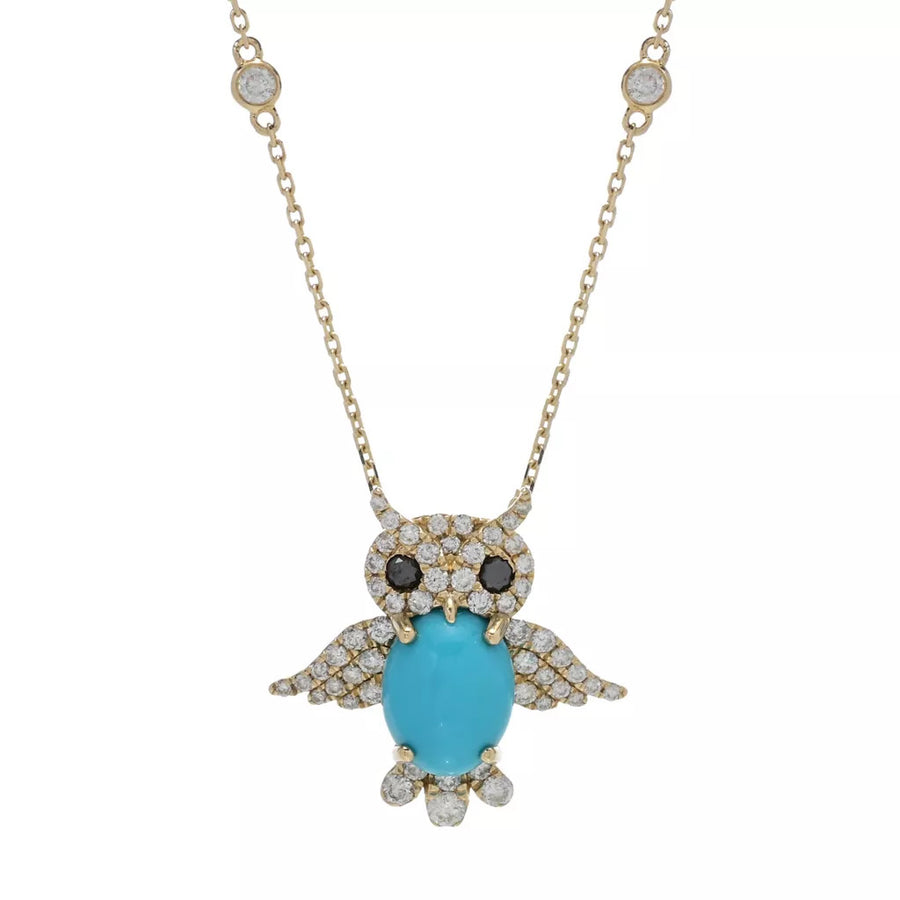 Diamond & Turquoise Wise Owl Pendant w/ Chain