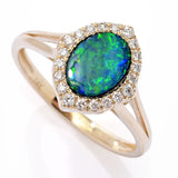 CIRARI 14K Gold Polished 8x6mm Opal Doublet & Diamond Ring, 2.6 grams