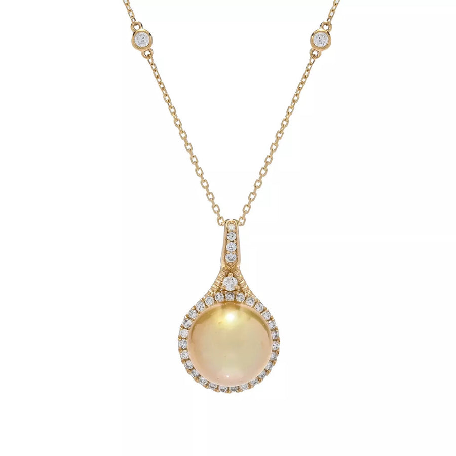 CIRARI 14K Gold 11mm Golden South Sea Cultured Pearl & Diamond Pendant w/ Chain