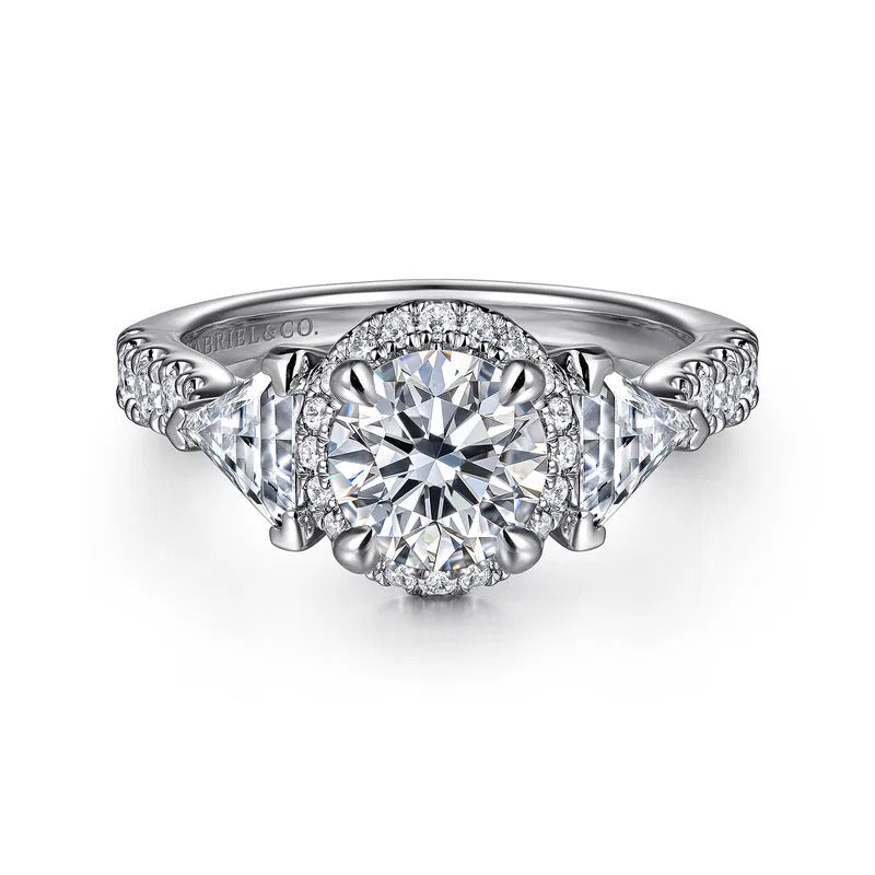 Gabriel & Co. Adelie ER15776Q4W44JJ – 14K White Gold Round Three-Stone Halo Diamond Engagement Ring