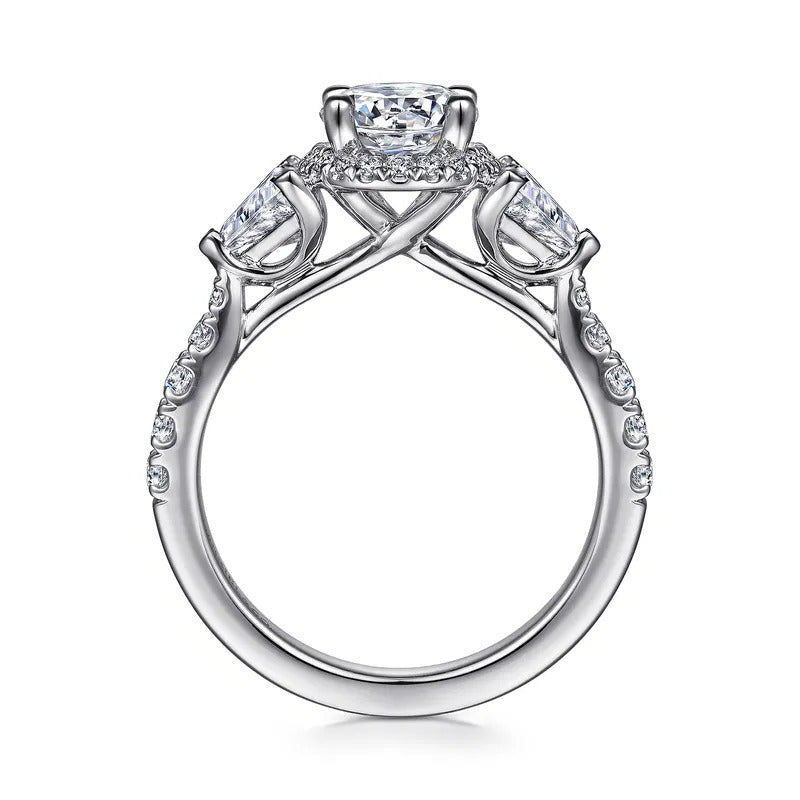 Gabriel & Co. Adriella ER15777Q4W44JJ – 14K White Gold Round Three-Stone Halo Diamond Engagement Ring