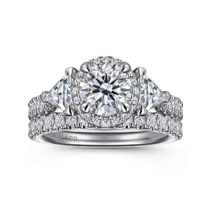 Gabriel & Co. Adriella ER15777Q4W44JJ – 14K White Gold Round Three-Stone Halo Diamond Engagement Ring