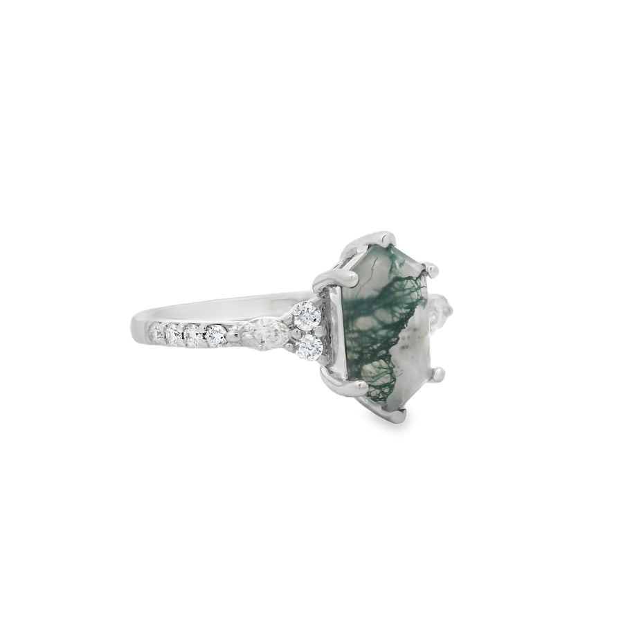 White Gold Moss Agate Diamond Engagement Ring