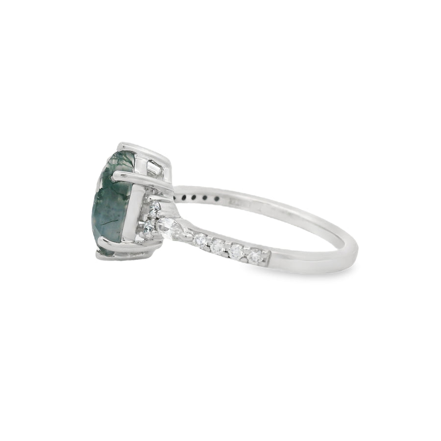 White Gold Moss Agate Diamond Engagement Ring