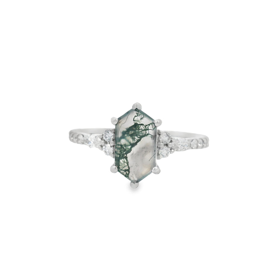 White Gold Moss Agate Diamond Engagement Ring