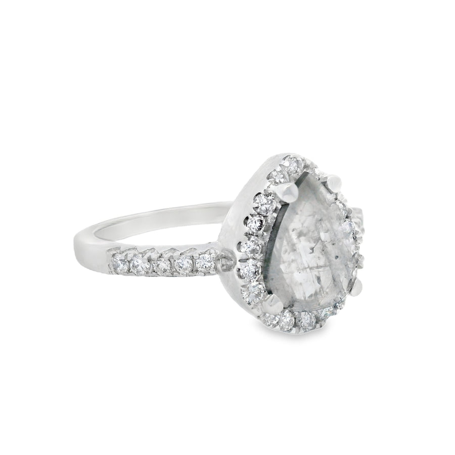 White Gold Salt And Pepper Pear Halo Diamond Engagement Ring