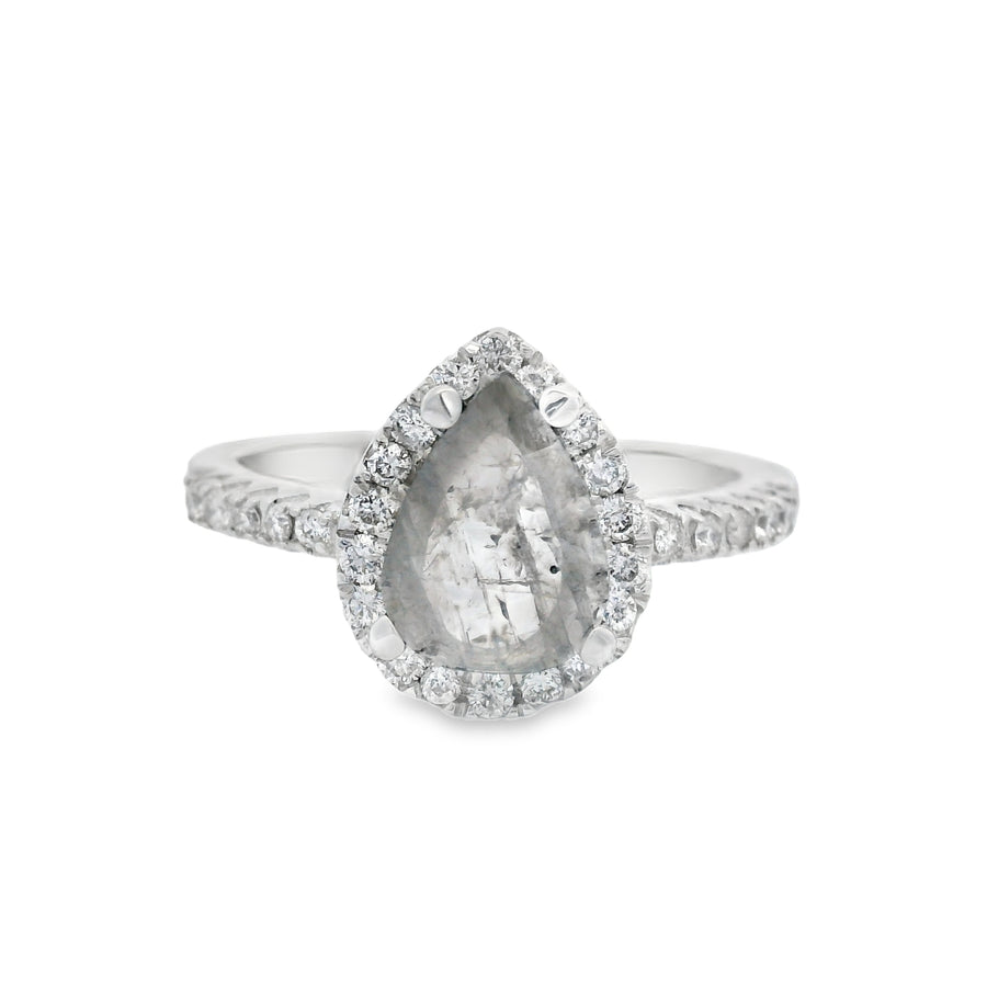 White Gold Salt And Pepper Pear Halo Diamond Engagement Ring