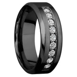 Lashbrook Designs 8 mm wide/High Bevel/Zirconium band with an arrangement of 9, .05 carat Round Diamond stones in a Bead setting.