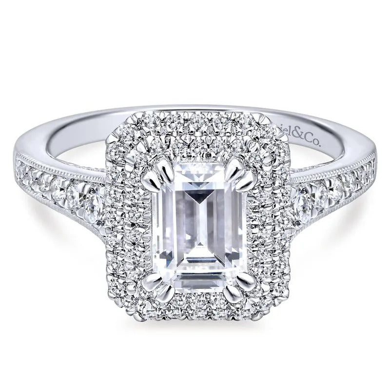 Gabriel & Co. 14K White Gold Double Halo Emerald Cut Diamond Engagement Ring