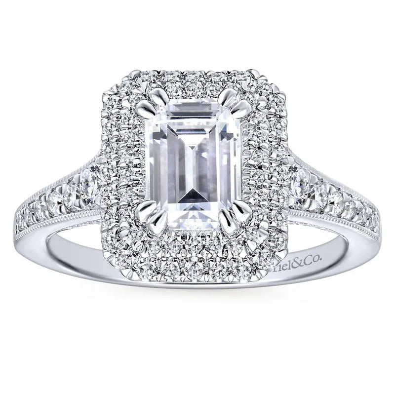 Gabriel & Co. 14K White Gold Double Halo Emerald Cut Diamond Engagement Ring
