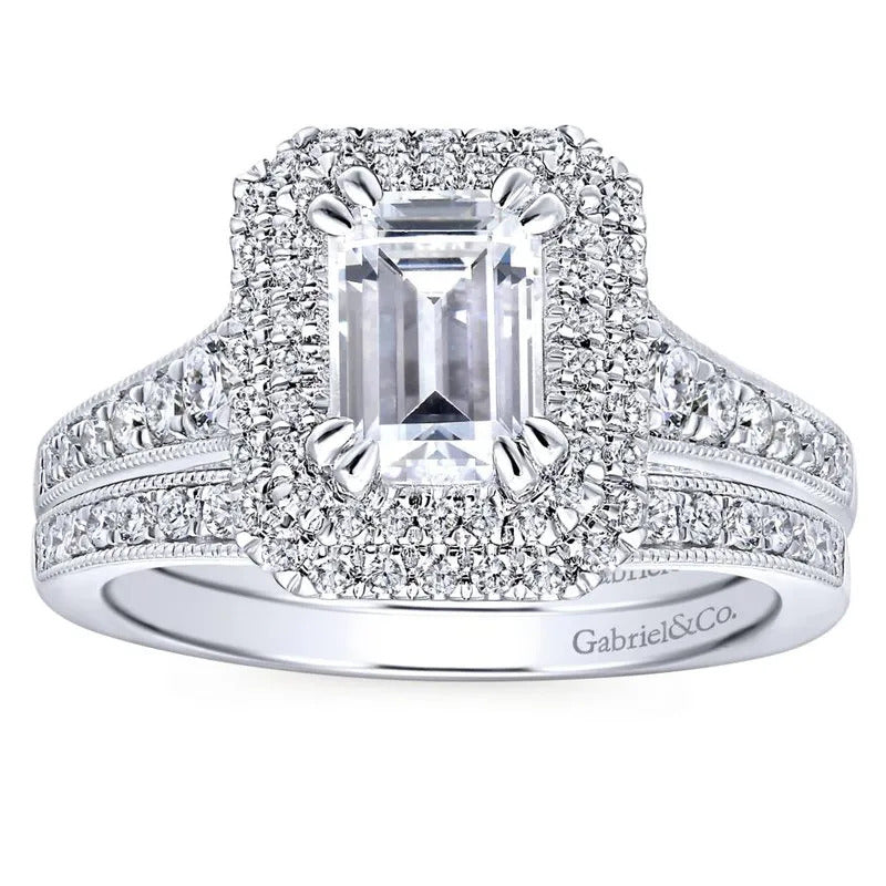 Gabriel & Co. 14K White Gold Double Halo Emerald Cut Diamond Engagement Ring