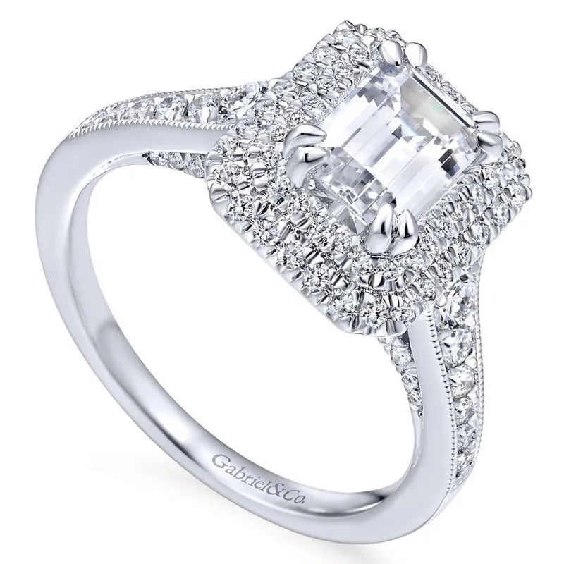Gabriel & Co. ER12650E4W44JJ – 14K White Gold Double Halo Emerald Cut Diamond Engagement Ring