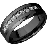 Lashbrook Designs 8 mm wide/High Bevel/Zirconium band with an arrangement of 9, .05 carat Round Diamond stones in a Bead setting.