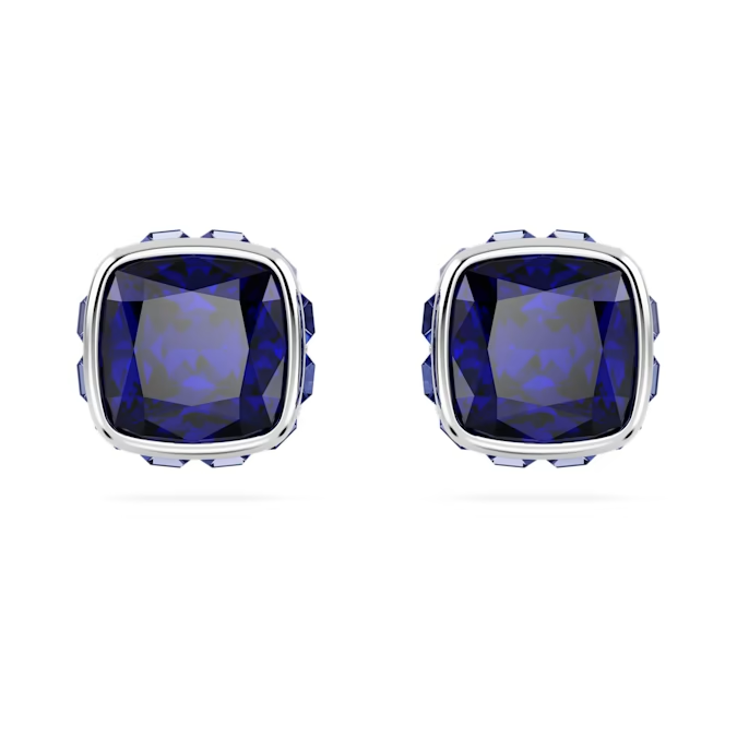 Swarovski Birthstone stud earrings Square cut, September, Blue, Rhodium plated